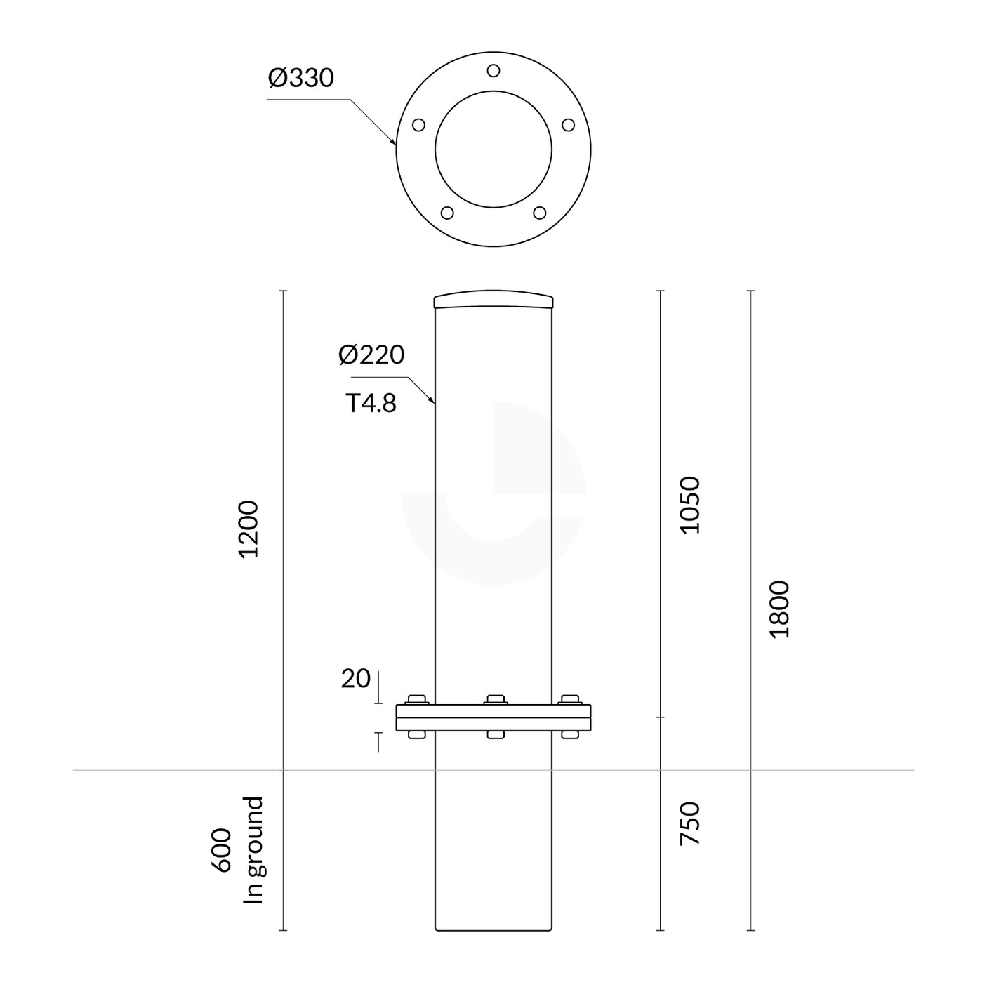 Heavy Duty Breakaway Bollard - 220mm 2 Part Hot Dipped Galvanised