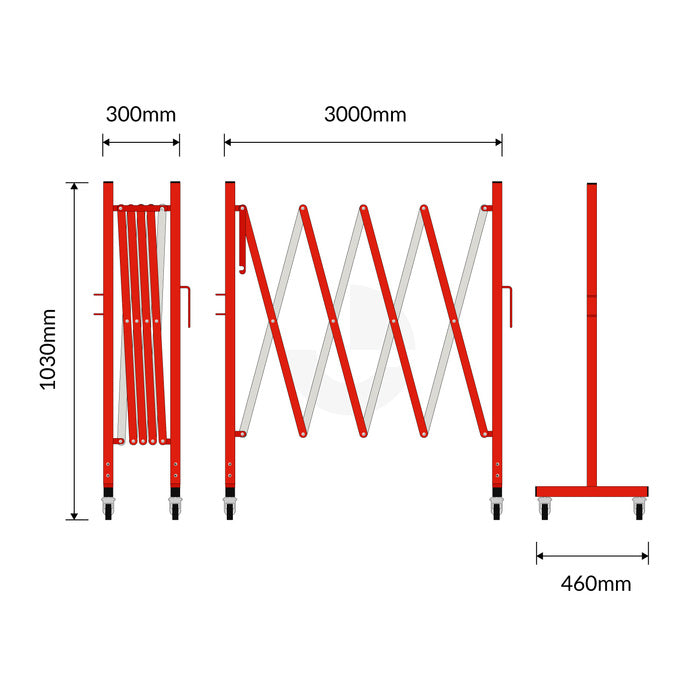 Expandable Safety Barrier Steel - 3000mm Red/White With Wheels