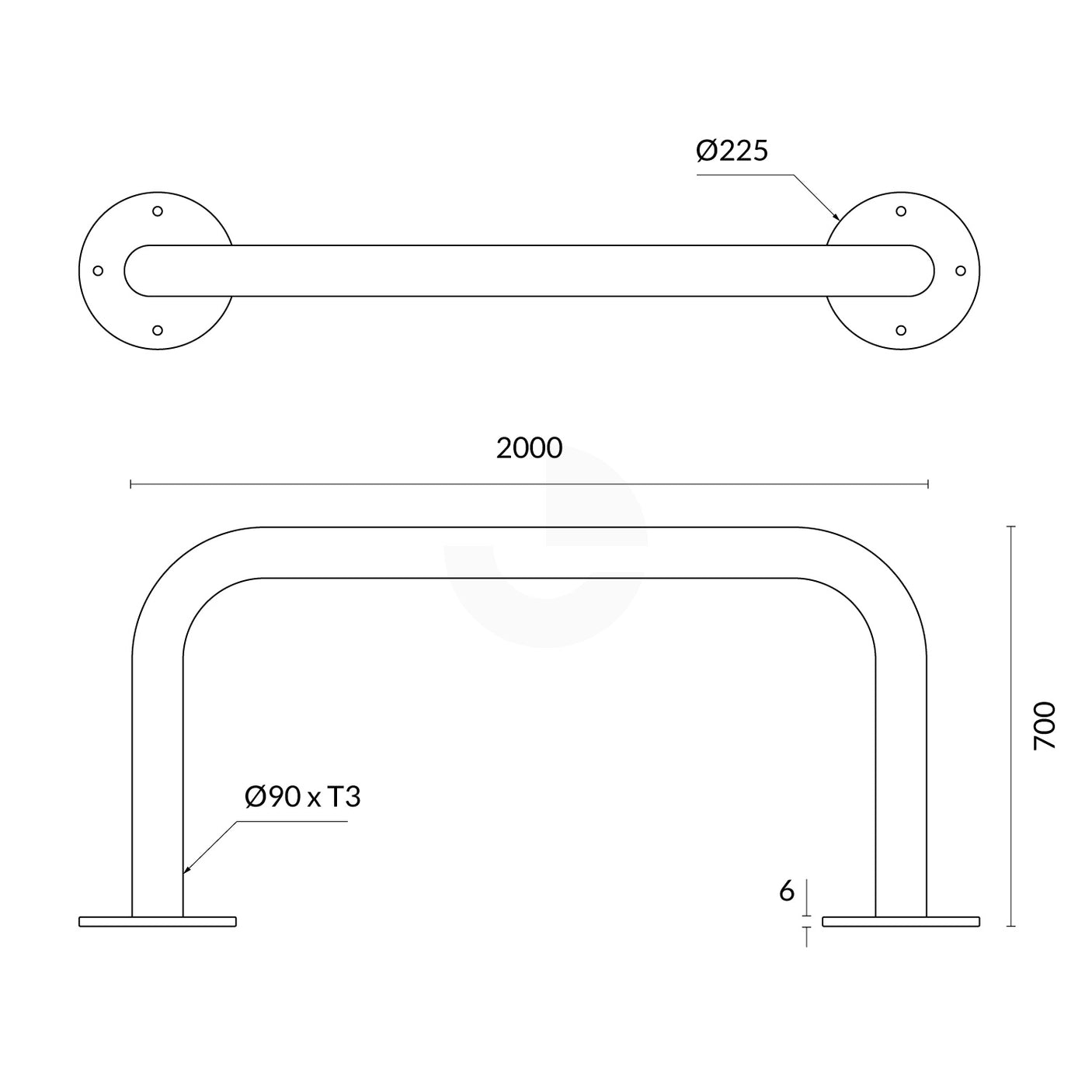 U-Bar Bollard - 90mm x 2 Meter Surface Mounted - Black