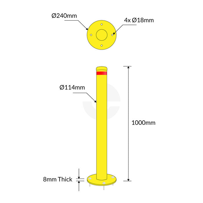 Surface Mounted Bollard 114mm Yellow