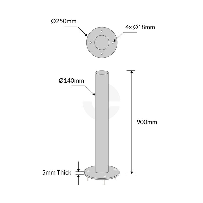 Surface Mounted Bollard 140mm x 900mm Stainless Steel
