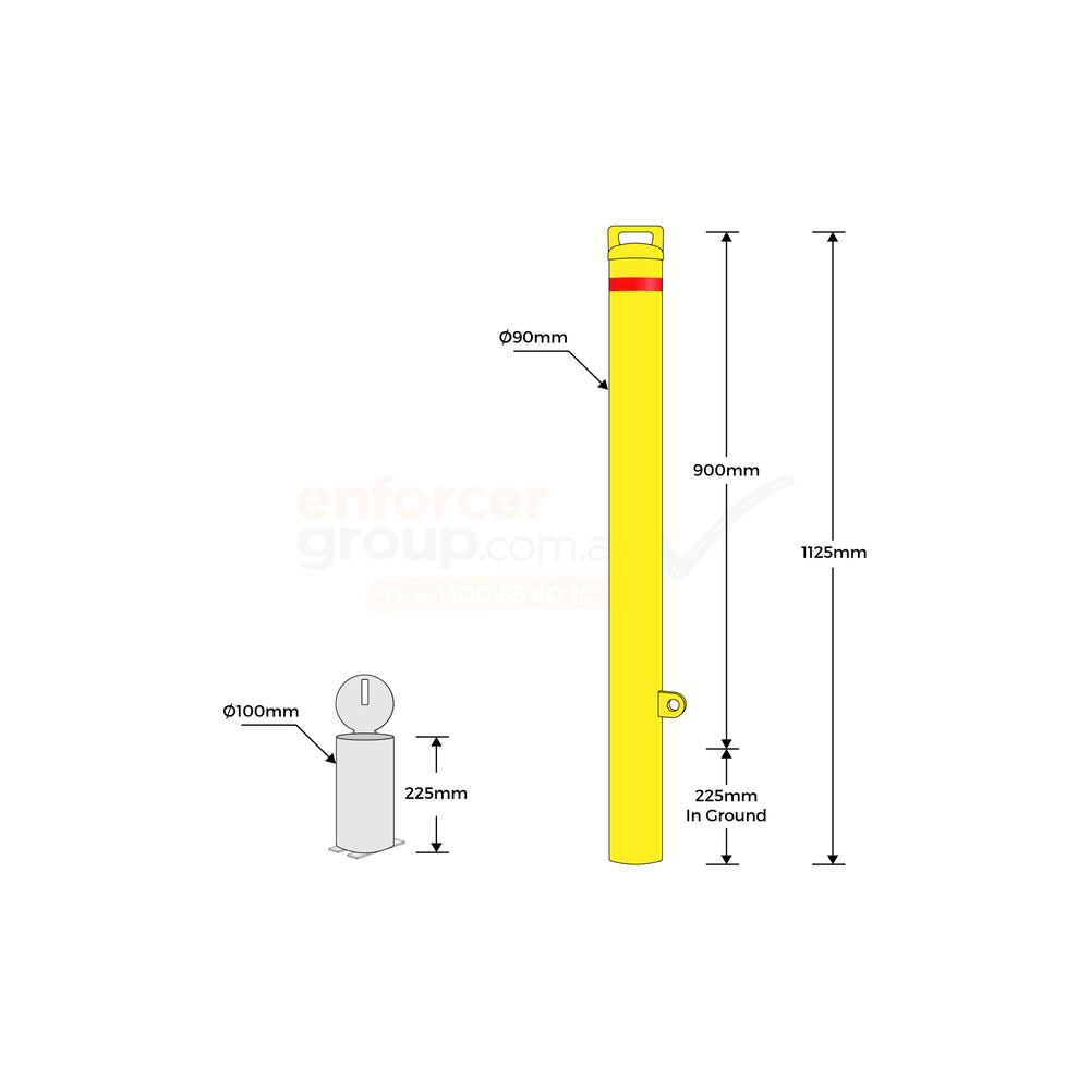 Bollard Removable Padlock 90mm In Ground - Yellow with Free Mounting Sleeve Base