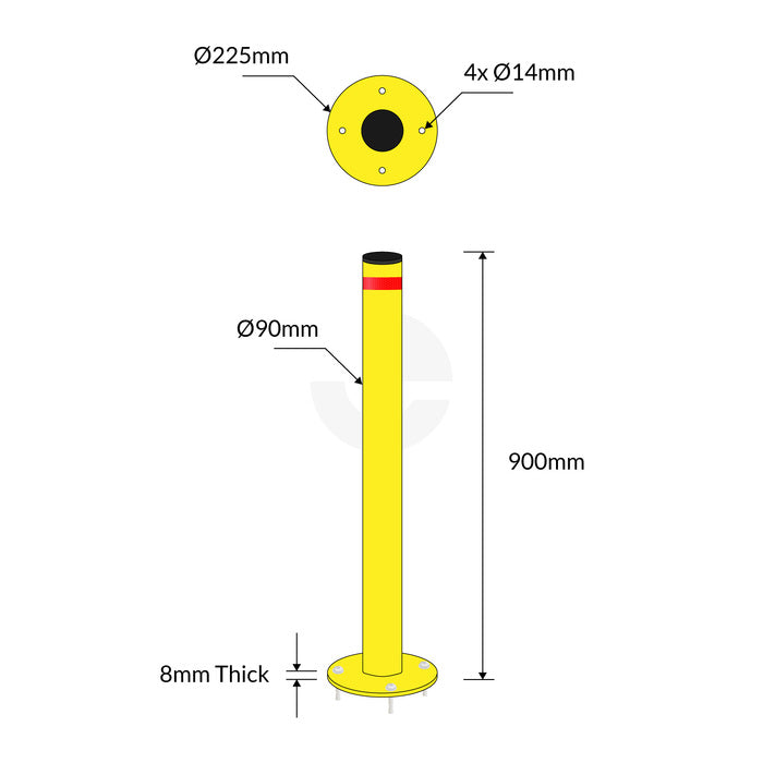 Surface Mounted Bollard 90mm Yellow - Black Cap