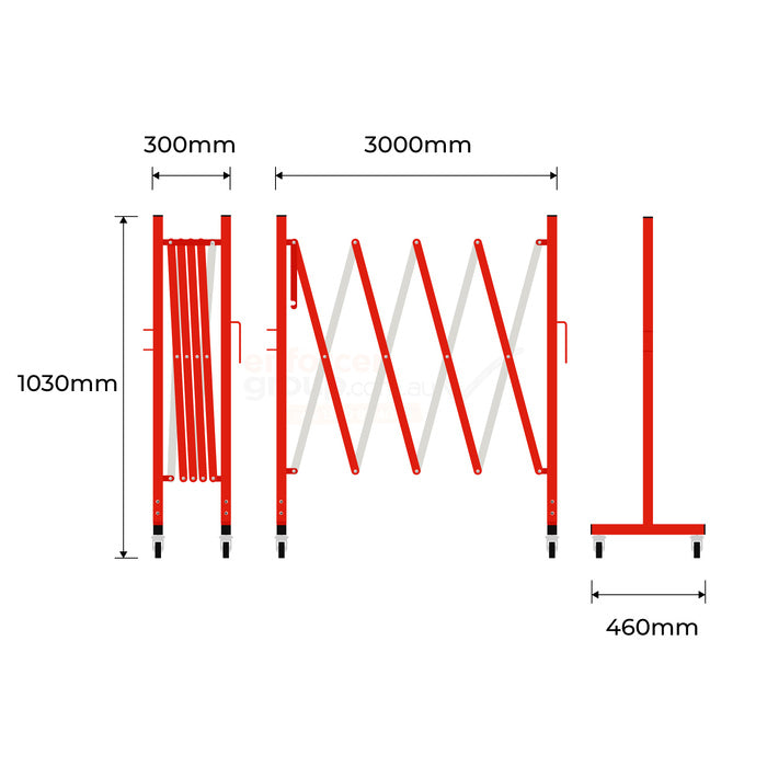 Expandable Safety Barrier Steel - 3000mm Red/White With Wheels