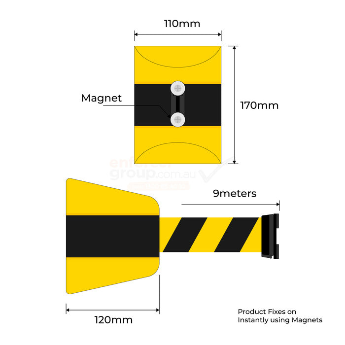 Magnetic Wall Mount Retractable Barrier  - Black/Yellow