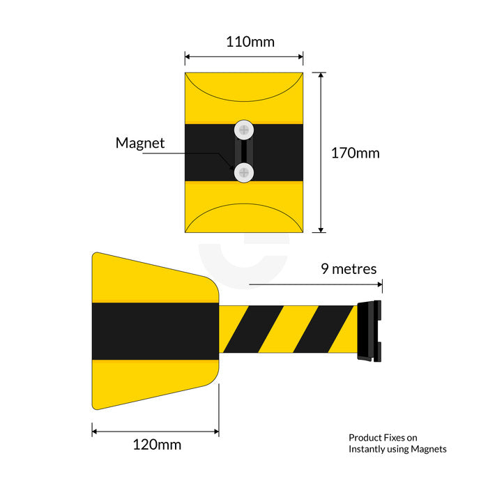 Magnetic Wall Mount Retractable Barrier  - Black/Yellow