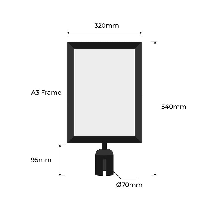 Powder Coated Black A3 Sign Frame Portrait Fits Retractable Belt Barrier Bollard