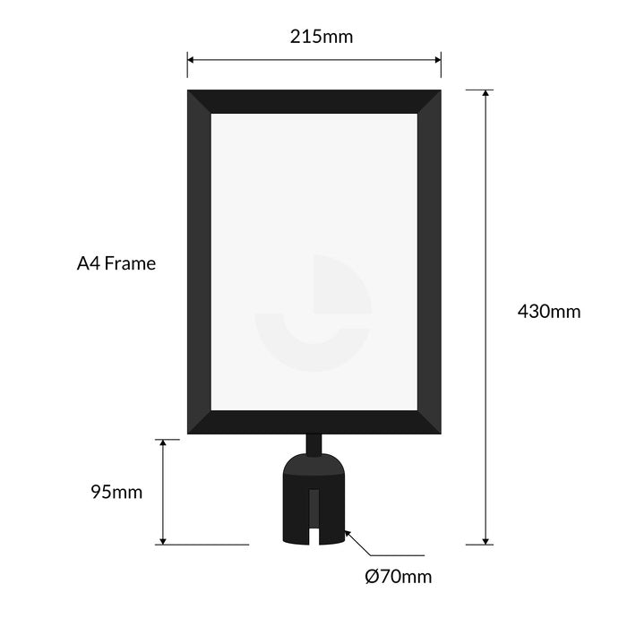 Powder Coated black A4 Sign Frame Portrait Fits Retractable Belt Barrier Bollard