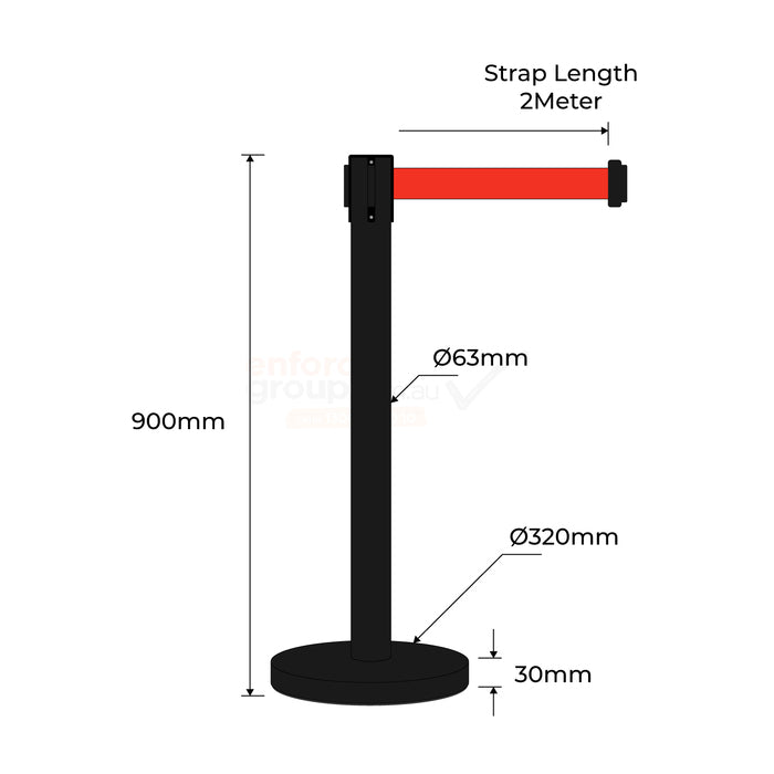 Retractable Belt Barrier Bollard - Powder Coated Black - Red