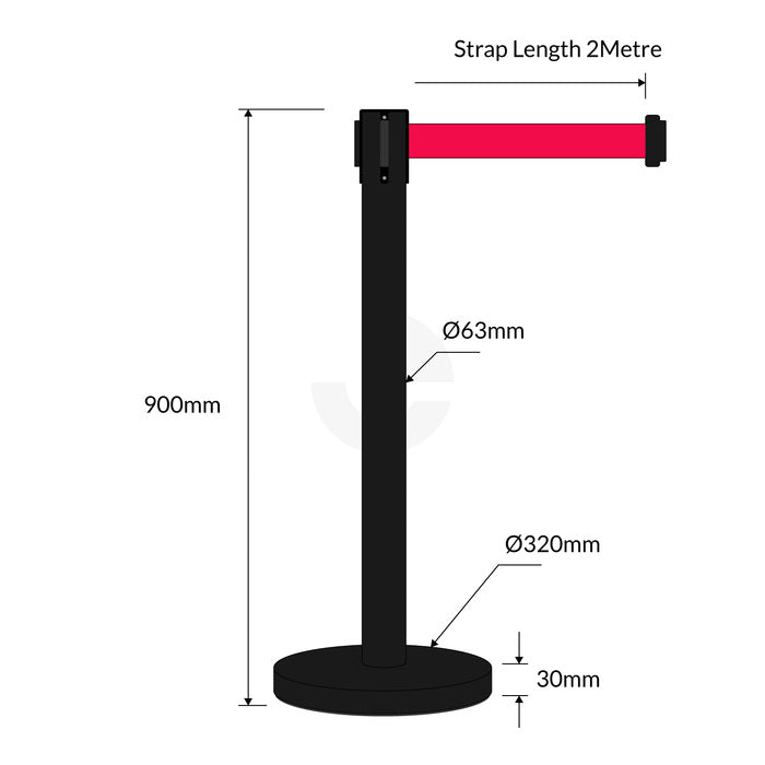Retractable Belt Barrier Bollard - Powder Coated Black - Red