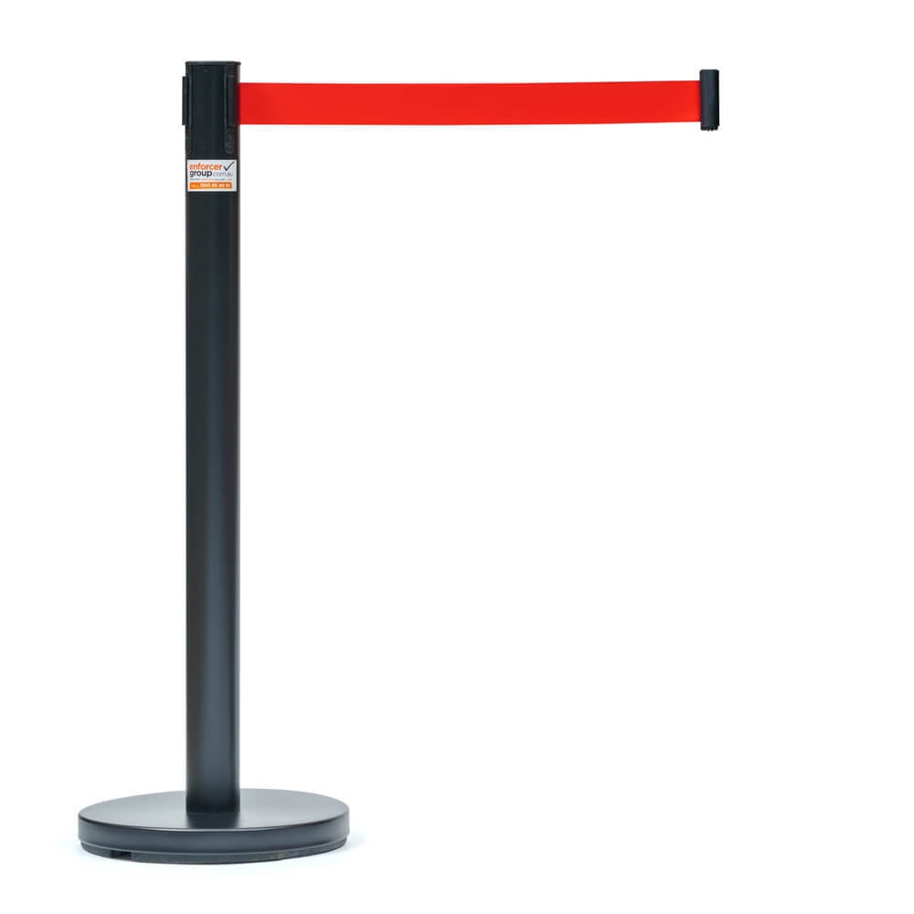 Retractable Belt Barrier Bollard - Powder Coated Black - Red