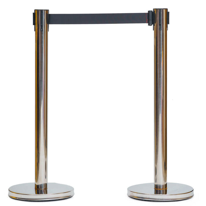 Retractable Belt Barrier Bollard - Stainless Steel Post, Black Belt 2-Post Set