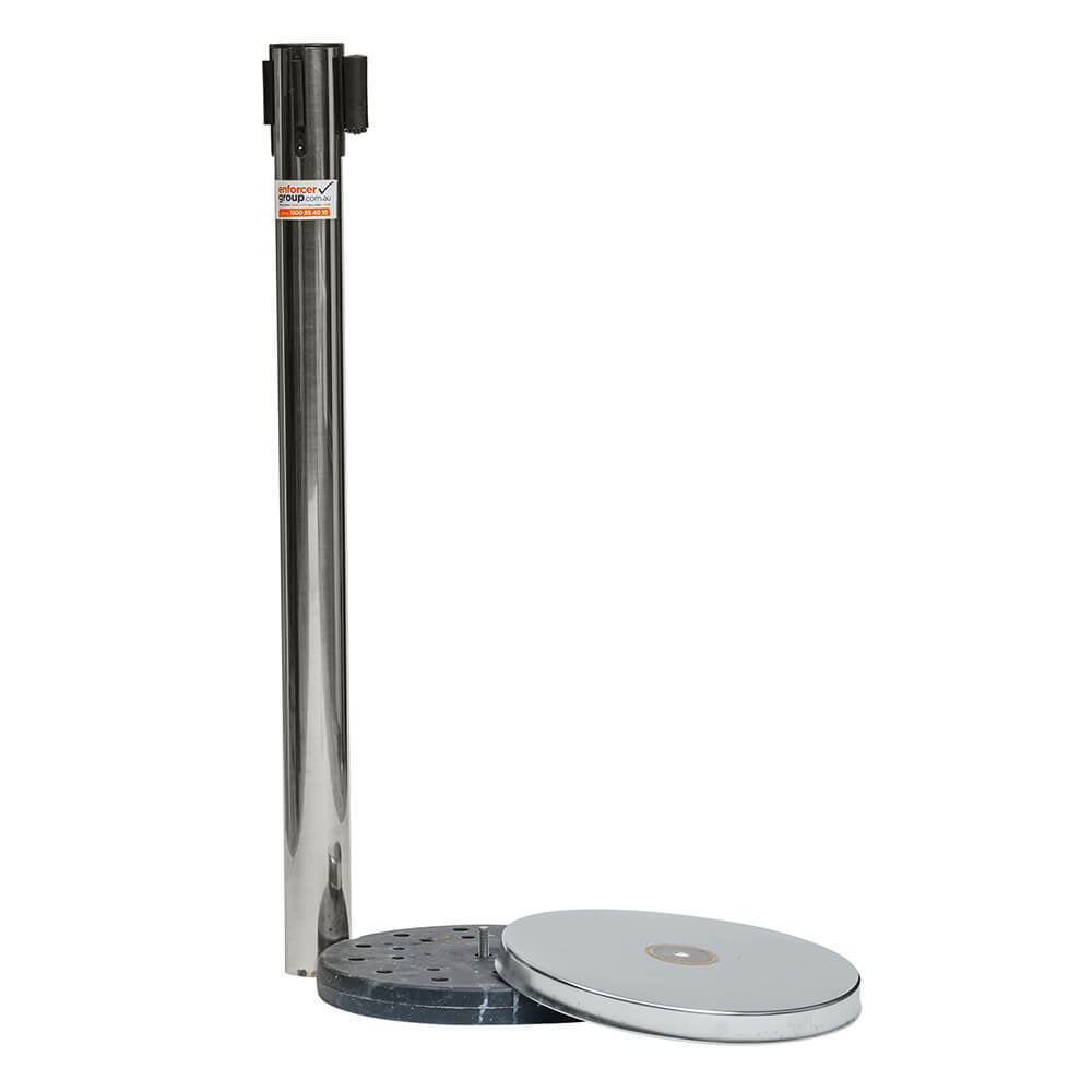 Retractable Belt Barrier Bollard - Stainless Steel - Black