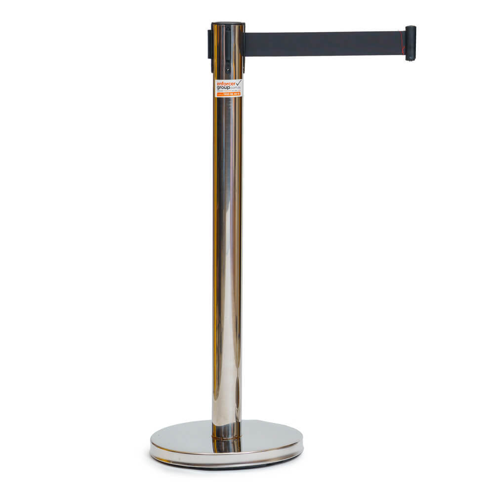 Retractable Belt Barrier Bollard - Stainless Steel - Black