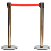 Retractable Belt Barrier Bollard - Stainless Steel Post, Red Belt 2-Post Set