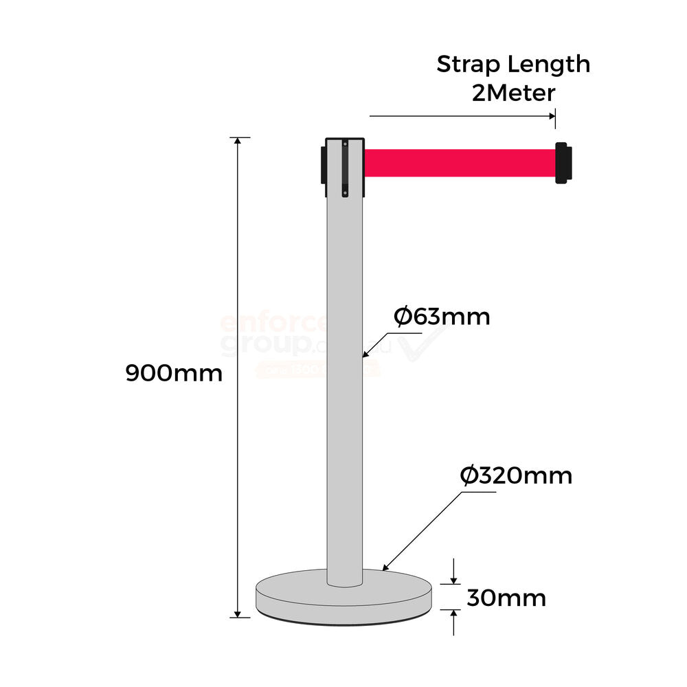 Retractable Belt Barrier Bollard - Stainless Steel - Red