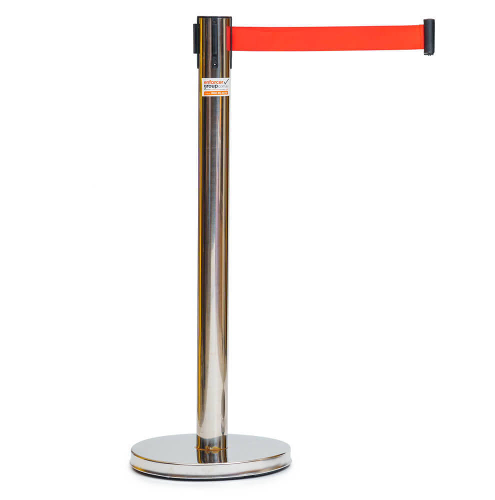 Retractable Belt Barrier Bollard - Stainless Steel - Red