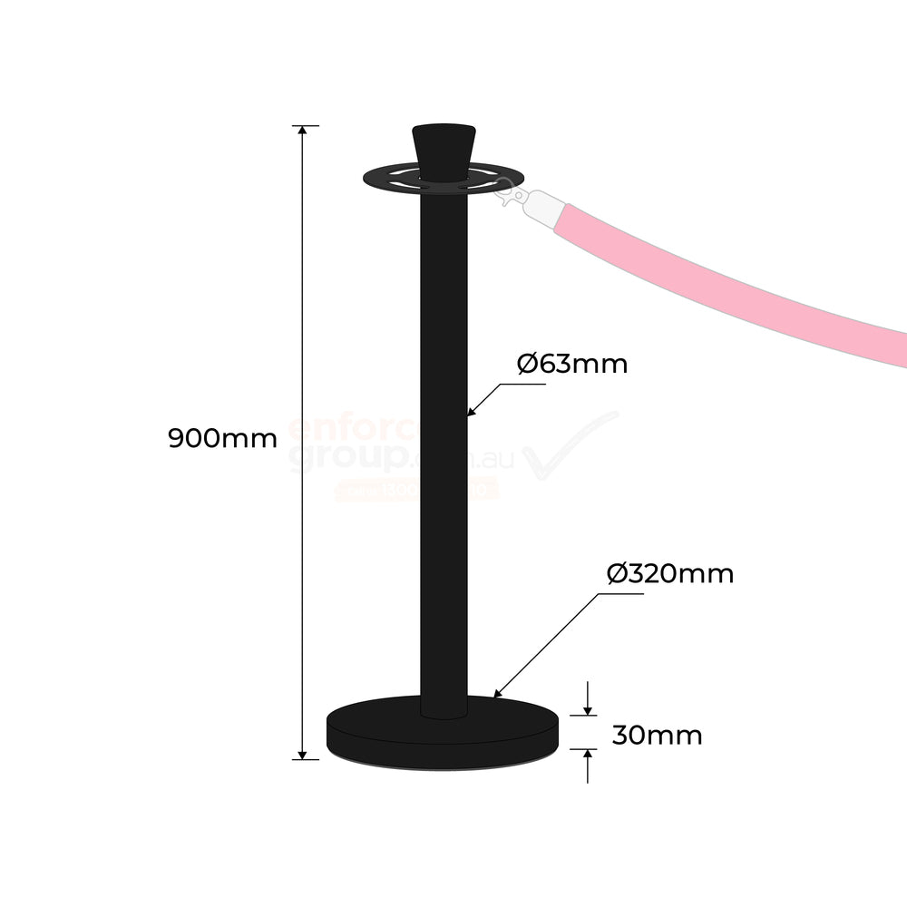 Rope Barrier Bollard Post - Powder Coated Matt Black