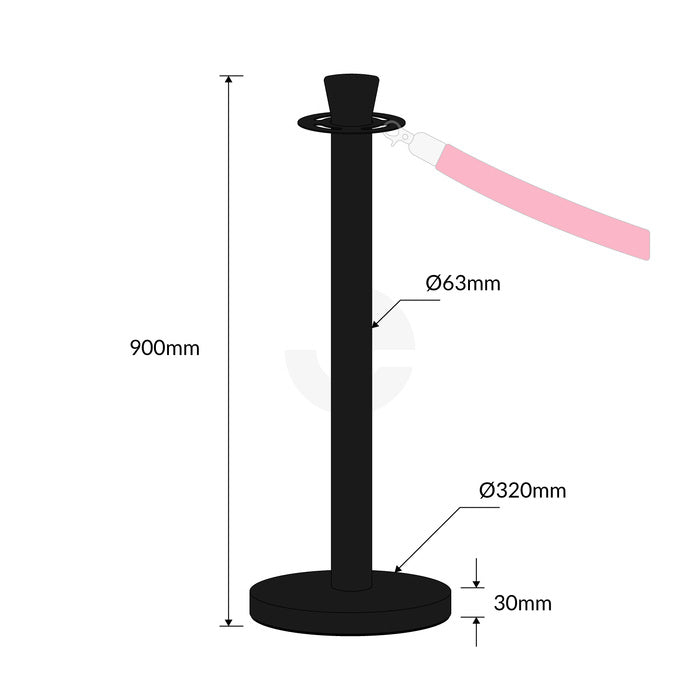 Rope Barrier Bollard Post - Powder Coated Matt Black