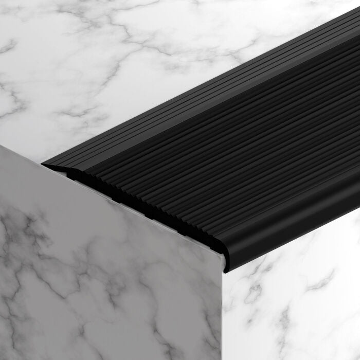 VisioEdge Black Anodised Stair Nosing with Ribbed Black Rubber Insert - 10mm X 75mm